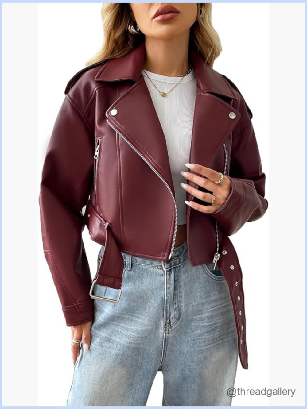 Faux Leather Cropped Jacket with Belt Vegan Motor Biker Coat